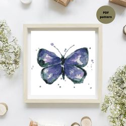 Blue Butterfly cross stitch pattern, Watercolour cross stitch pattern, Bug embroidery, Instant download, Digital PDF