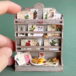 Miniature set of Christmas cards on the shelf for playing with dolls, dollhouse, scale 1:12, miniature pastries