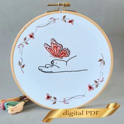 pink butterfly pattern pdf embroidery, easy embroidery diy, baby metric