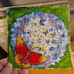 Original oil painting Butterfly and hydrangea handmade wall art 6 by 6