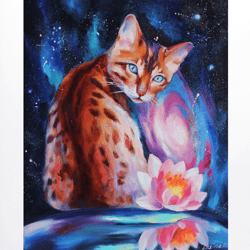 Cat Painting Bengal Cat Oil Art Space Wall Art Galaxy Painting on Canvas Colorful Animal Art Pet Portrait Art 20/16 in.