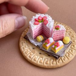 Doll miniature set cake with strawberries on a tray for playing with dolls, dollhouse, scale 1:12