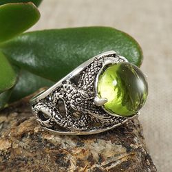 Olive Green Glass Silver Snake Adjustable Ring Large Statement Boho Hippie Brutal Gothic Unisex Ring Jewelry Gift 6809