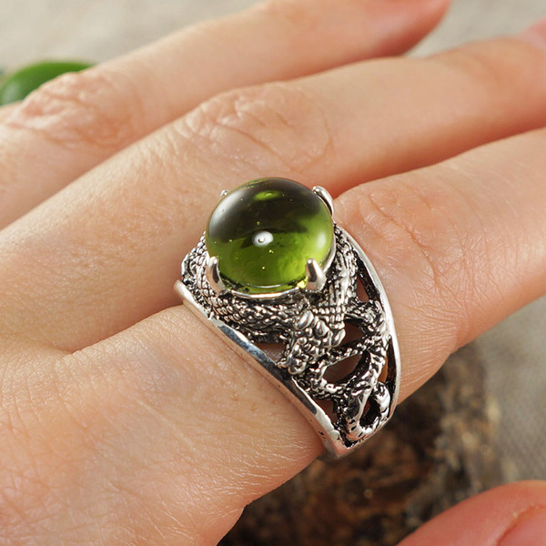 olive-green-glass-ring-silver-snake-adjustable-ring-jewelry