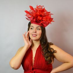 red fascinator, red fascinator hat, red derby hat, derby hat for women