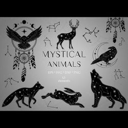 Mystical animals svg, Animals with starry sky. Silhouette of a crow, a deer, a bear, a wolf, a wolf. Files for cutting,