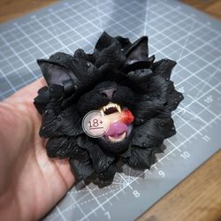 Black cat brooch, black flower, unique presents, cat presents, gift for friend