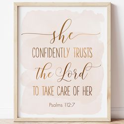 She Confidently Trusts The Lord, Psalms 112:7, Nursery Bible Verse Printable Wall Art, Scripture Prints, Christian Gifts