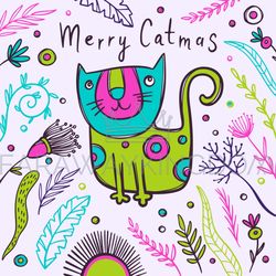 cat christmas funny card new year vector illustration set