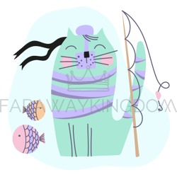 cat fisher comic animal cartoon funny vector illustration set