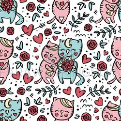 CAT GIVES BOUQUET Roses Seamless Pattern Vector Illustration