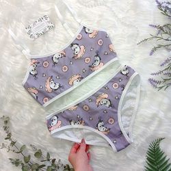 Woman's underwear set with Unicorns print | bra, bralette and panties with print | buy handmade lingerie