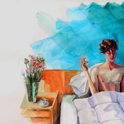 Man In Bed Painting Original Watercolor Painting Male Art Young Man Smoking Painting Wall Art