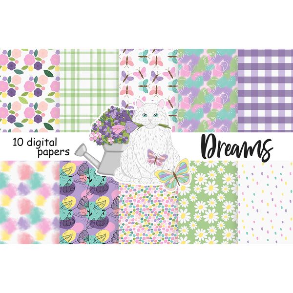 Spring digital papers with butterflies and flowers for scrapbooking. Chamomile patterns. Bright multicolored dots seamless patterns. Checkered green and purple
