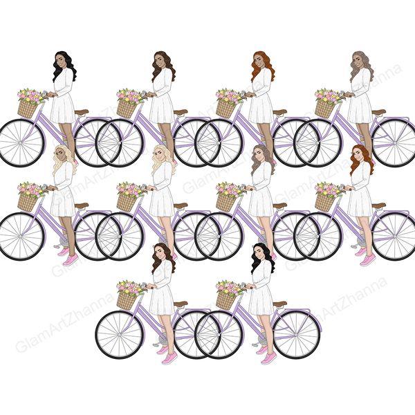 Clipart set of girls on purple bikes in a white dress and pink sneakers. A large wicker basket of flowers is mounted on a bicycle. Various shades of skin and ha