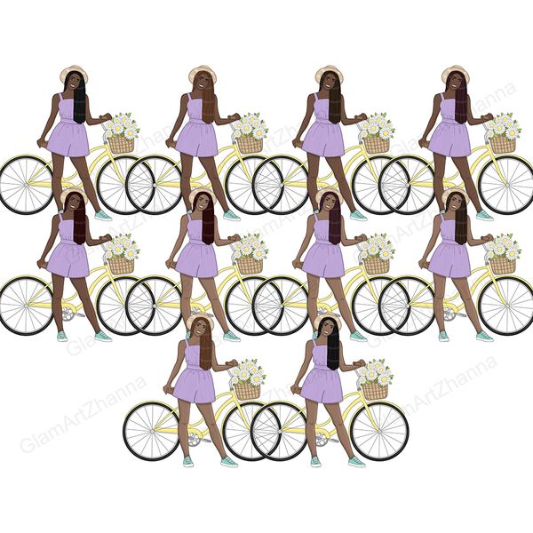 Clipart set of African American girls in purple overalls and turquoise sneakers in wicker hats on yellow bicycles. Large wicker basket of daisies on bicycles. V