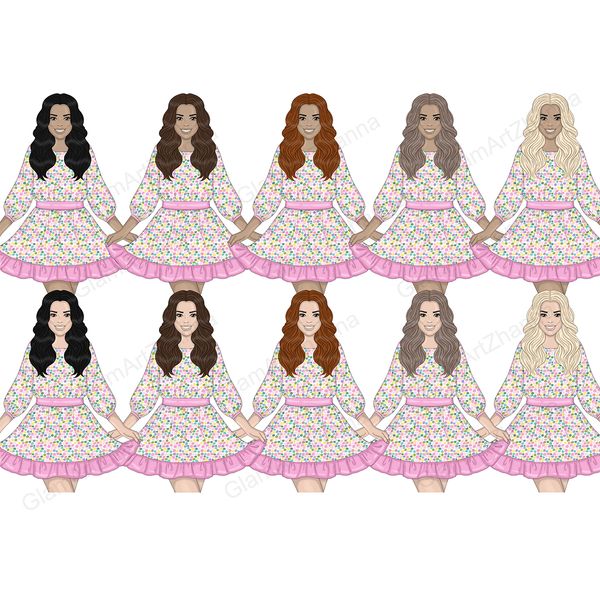Clipart set of long-haired girls in bright summer dresses with colorful dots print and purple belt. Various shades of skin and hair colors