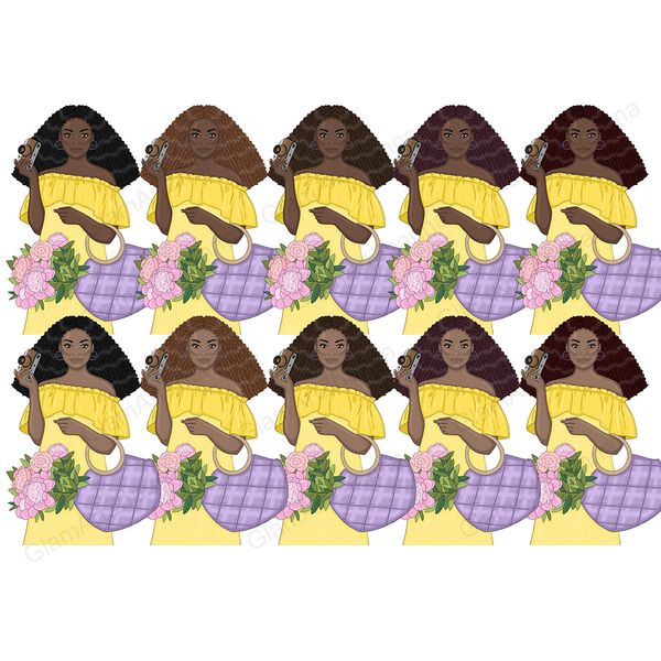 Clipart set of African American girls in yellow dresses and purple bags with a round ring-handle and a bouquet of pink flowers and holding a film camera. Variou