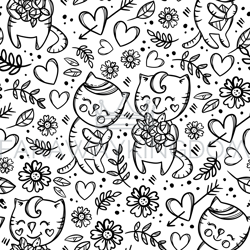 cat gives bouquet monochrome seamless pattern vector illustration