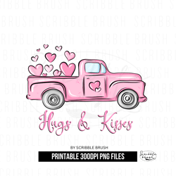 Valentines Day Hug and Kisses Vintage Truck Sublimation PNG Design