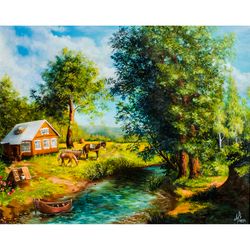 Horse with Foal Painting Rustic Landscape wall Art Original oil painting River painting Summer landscape with a river