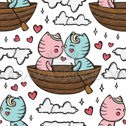 cat kiss in boat cartoon seamless pattern vector illustration