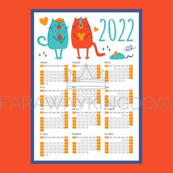 CAT LOVE CALENDAR 2022 Year Organizer Vector Illustration Set