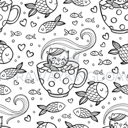 CAT LOVE FISH Sits In Mug Seamless Pattern Vector Illustration