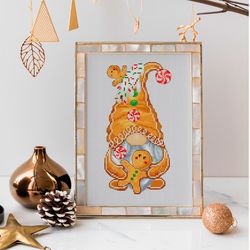 Gingerbread gnome, Cross stitch pattern, Gnome cross stitch, Christmas cross stitch, Christmas embroidery