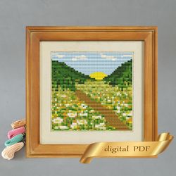 Summer landscape pattern pdf cross stitch, Easy embroidery DIY, small pattern