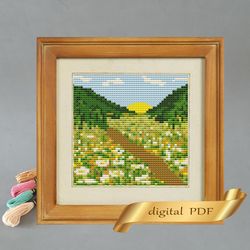 summer landscape pattern pdf cross stitch, easy embroidery diy, small pattern