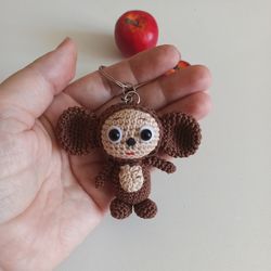 Crochet keychain Cheburashka,cute accessories for bag, Cheburashka charm for bag, cute car accessories for women