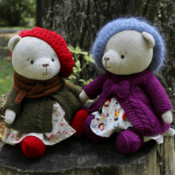 PATTERN Teddy Bears, Bunny and Baby Outfits Girls: knitted Cardigan Beret Booties Baktus Dress tailoring for two outfits
