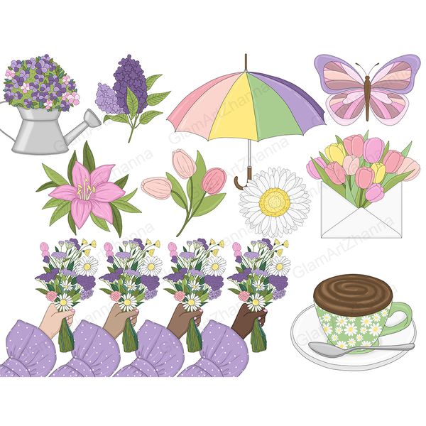Spring clipart purple lily, purple butterfly, rainbow umbrella, purple hyacinths, camomile top view. Bouquet of summer flowers in a female hand. A green cup of 