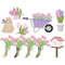 Spring clipart brown cat with flowers in her mouth. Purple garden cart with tulips. Purple hyacinth flowers. Bouquet of pastel pink and purple flowers with gree