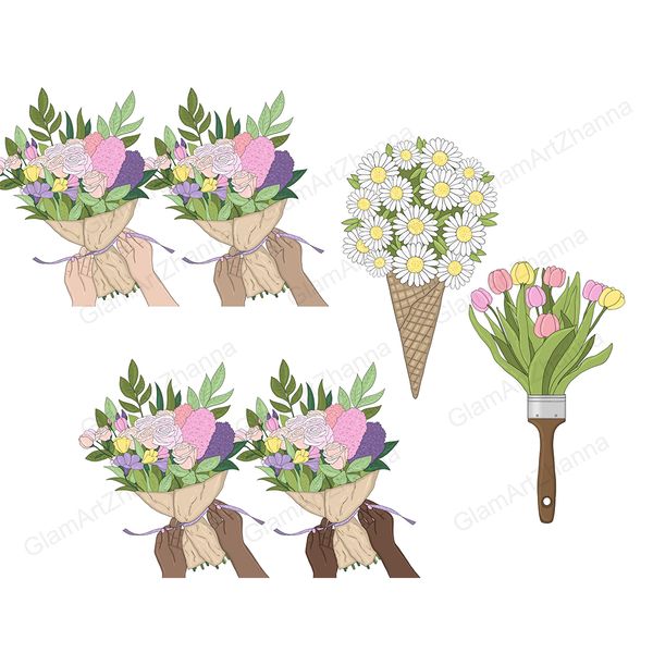 Spring clipart bright bouquets of flowers in craft paper, tied with a ribbon in female hands. Wafer cone with a bouquet of daisies. Brush with a bouquet of spri