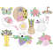 Spring clipart colorful butterfly, white teapot with flowers in it. A wicker hat with sunflowers on it. Yellow rubber boots with flowers. White puppy and cat wi