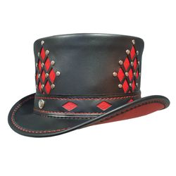 Steampunk Diamond Inlay Pinched Crown Leather Top Hat