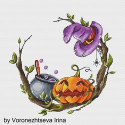 Wreath Halloween Cross Stitch Pumpkin Cross Stitch Pattern PDF Instant Download Potion Cross Stitch