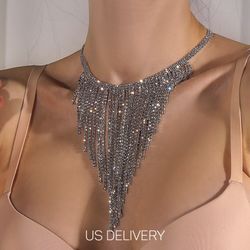 Trendy womens Statement Necklace Rhinestone Tassel Collar rhine stone chain Crystal necklace for women wedding