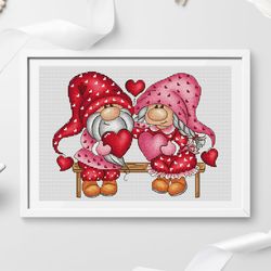 Valentine's Day Gnomes cross stitch pattern PDF, love cross stitch, gnomes in love, valentine cross stitch