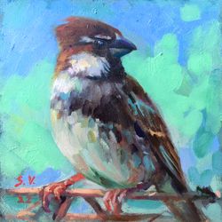 Sparrow Small Original Painting Framed Bird Artwork Miniature Oil With Frame