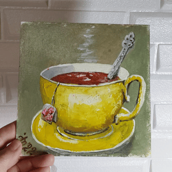 original oil painting yellow cup with tea. handmade wall panel 6" x 6"