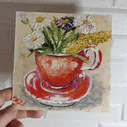 Original oil painting Red cup with summer bouquet. handmade wall panel 6" x 6"