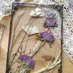 Pressed monarda DIY Vintage frame Vintage Pressed flower in Glass dried flowers frame wildflowers in glass wall panel