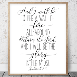 i will be to her a wall of fire, zechariah 2:5, nursery bible verse printable wall art, scripture prints, christian gift