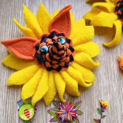 Fun textile brooch fox sunflower ,large flower brooch ,kawaii fox