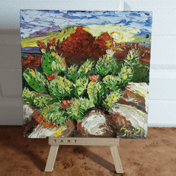 original oil painting landscape with cacti. mountains. handmade wall panel 6 x 6