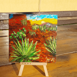 Original oil painting Landscape with cacti. Mountains. handmade wall panel 6 x 6