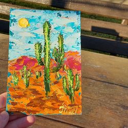 Original oil painting Landscape with cacti. Mountains. handmade wall panel 6 x 4